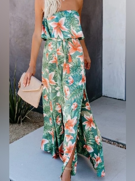 None Dresses & Skirts - Tropical Floral Strapless Maxi Dress Green Orange Boho Beach Resort Size Sm EUC